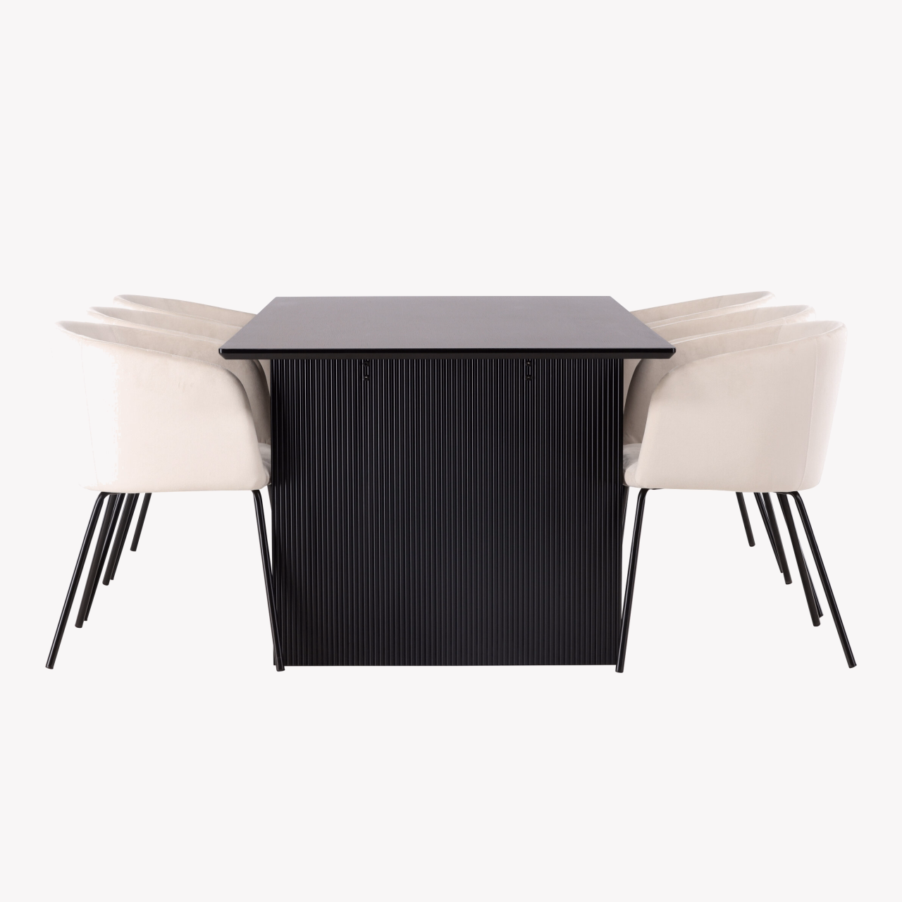 Söögikomplekt Vail laud (must MDF, 200x100 cm) ja 6 velvetist söögitooli Berit (beež, mustad jalad) - GR22908