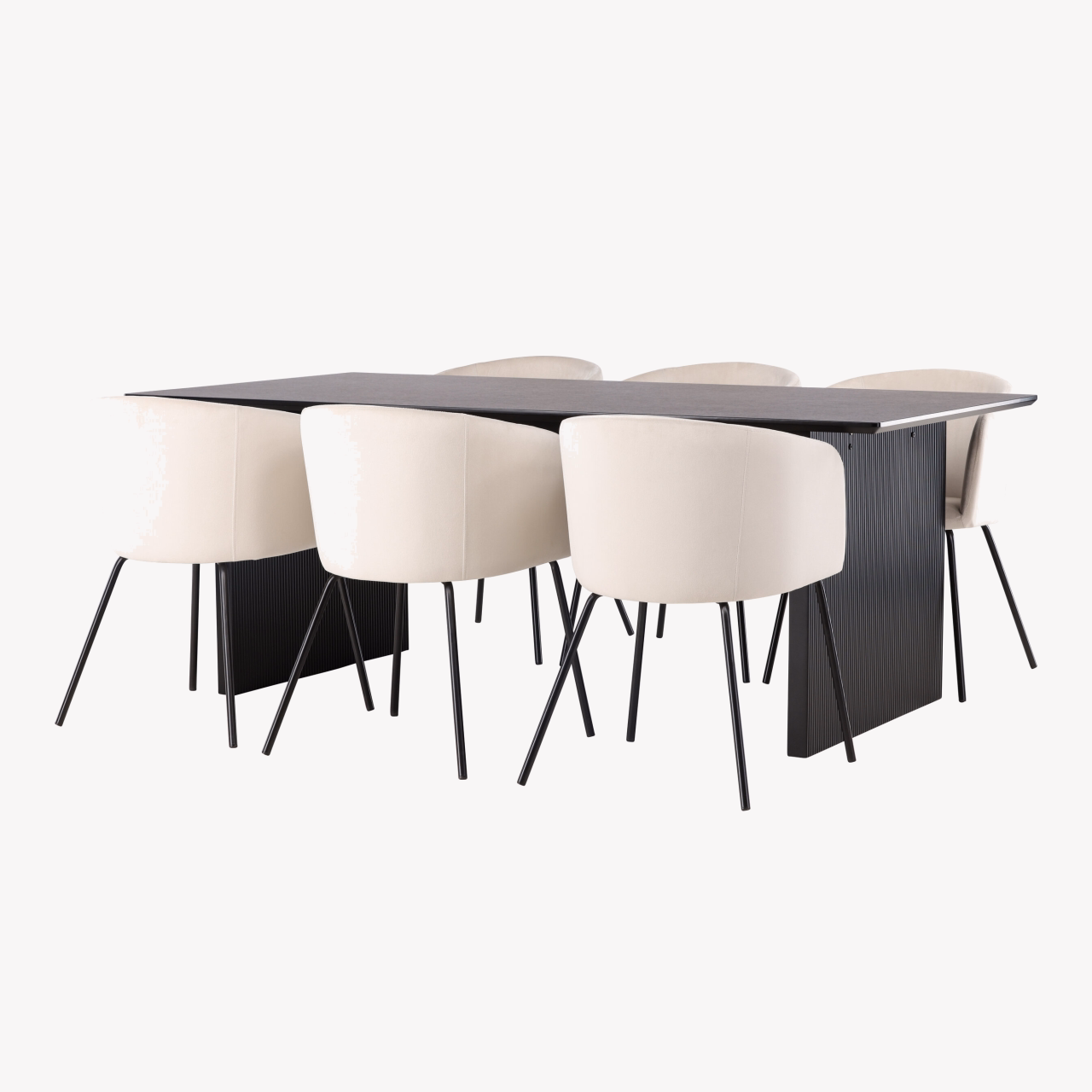 Söögikomplekt Vail laud (must MDF, 200x100 cm) ja 6 velvetist söögitooli Berit (beež, mustad jalad) - GR22908