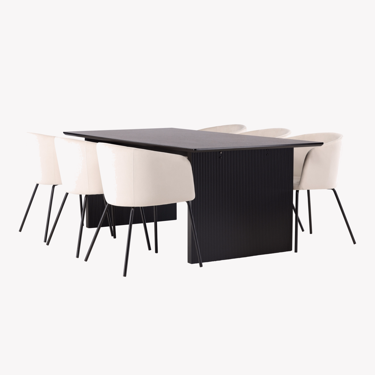 Söögikomplekt Vail laud (must MDF, 200x100 cm) ja 6 velvetist söögitooli Berit (beež, mustad jalad) - GR22908