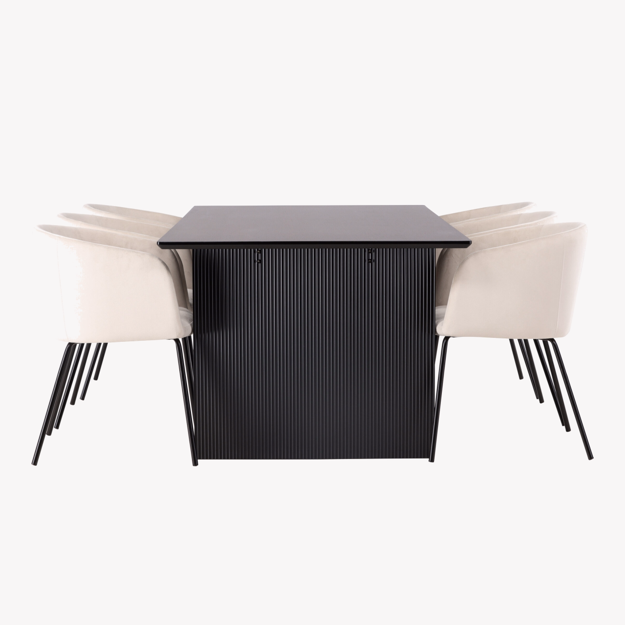 Söögikomplekt Vail laud (must MDF, 200x100 cm) ja 6 velvetist söögitooli Berit (beež, mustad jalad) - GR22908