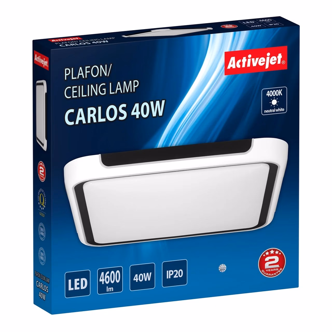 Activejet AJE-CARLOS 40W 510x510 mm must-valge ruudukujuline 5000 lm LED-laelamp, neutraalne valgus, siseruumidesse