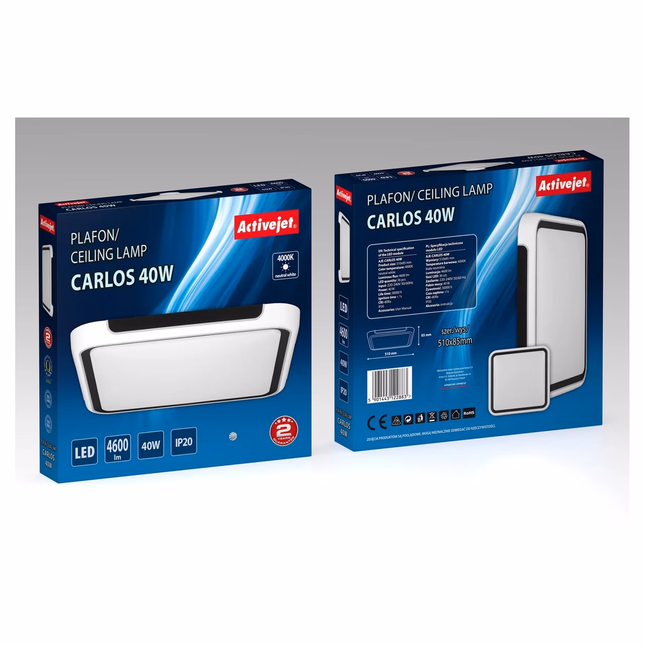 Activejet AJE-CARLOS 40W 510x510 mm must-valge ruudukujuline 5000 lm LED-laelamp, neutraalne valgus, siseruumidesse