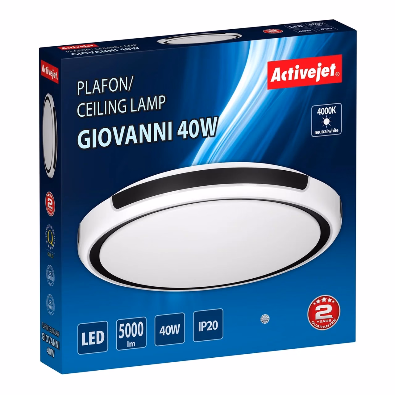 Activejet AJE-GIOVANNI 40W 51 cm must/valge ümmargune LED laevalgusti, 4000K, 5000 lm, IP20 siseruumidesse