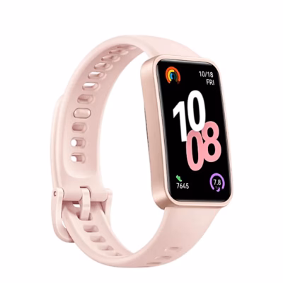 Roosa aktiivsusmonitor HUAWEI Band 10 nurga alt, ekraanil kellaaeg ja sammud