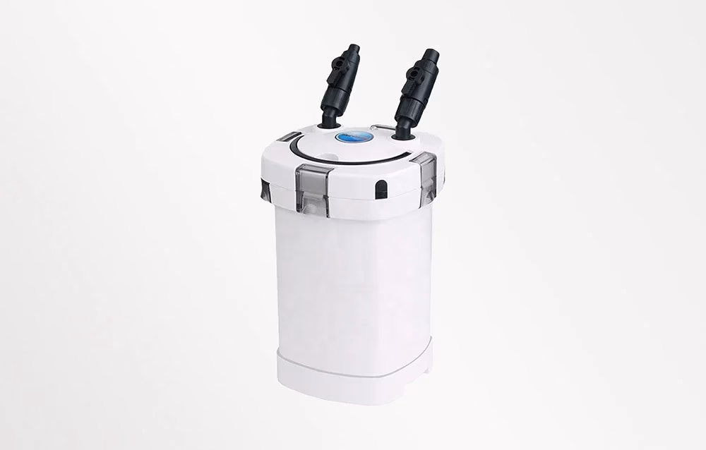Akvaariumi välisfilter SUNSUN HW-502 valge korpuse ja hallide klambritega, eestvaade