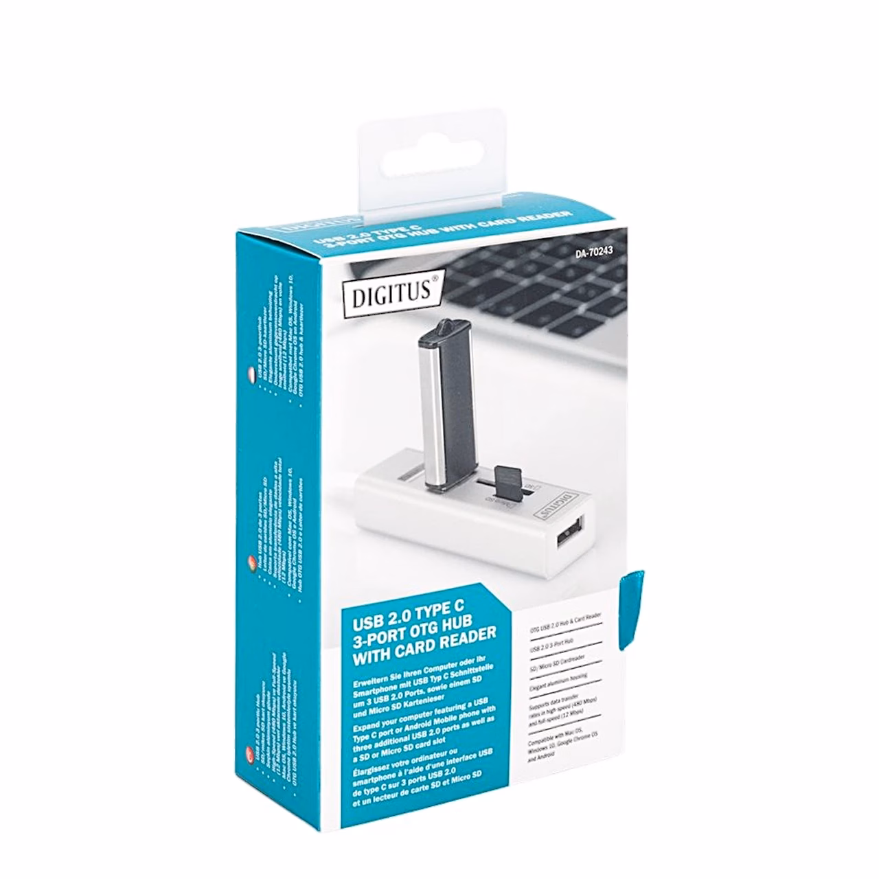 Digitus DA-70243 USB-C-jagaja müügipakend sinise kujundusega
