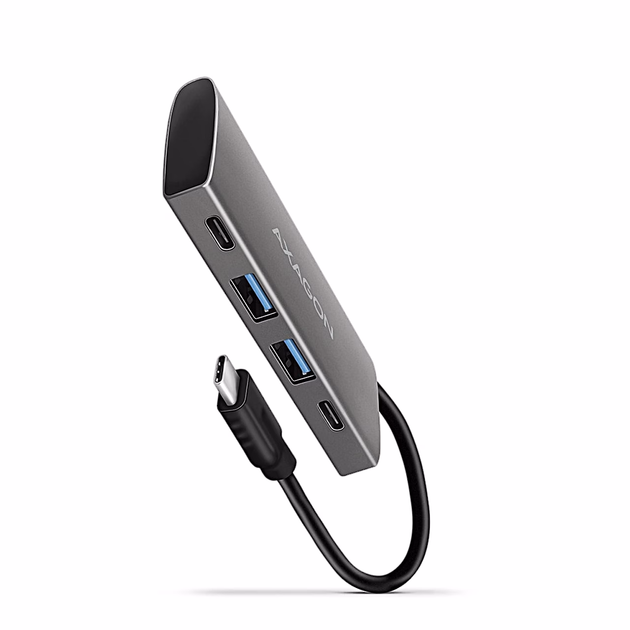 Hall alumiiniumkorpusega USB-jagaja AXAGON HMC-4G2 kinnitatud USB-C-kaabliga