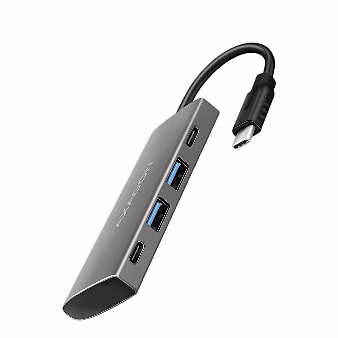 AXAGON HMC-4G2 jagaja USB-A- ja USB-C-pordid kaldvaates valgel taustal
