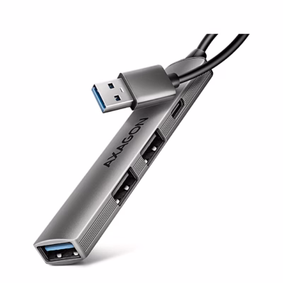 USB-jagaja AXAGON HUE-STA alumiiniumkorpus, USB-A-pistik ja pordid nurga alt