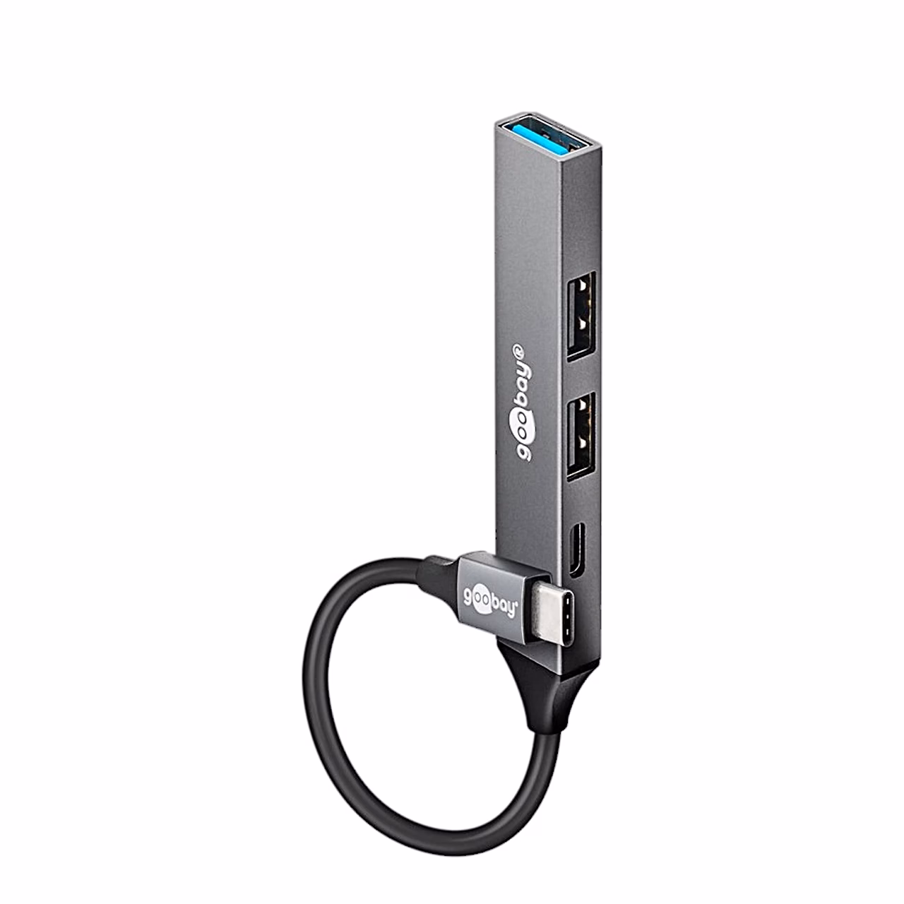 Hall USB-jagaja Goobay 74459 püstiasendis, küljel USB-A- ja USB-C-pordid