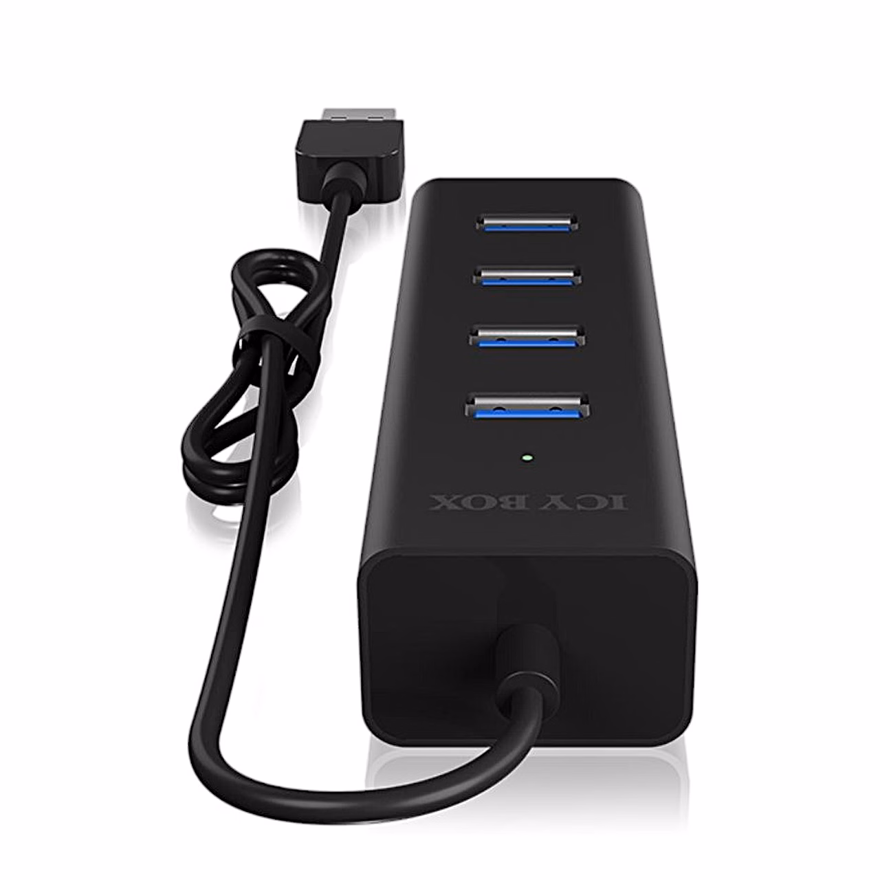 USB-jagaja ICY BOX IB-HUB1409-U3 pealt koos kaabliga, kaabli otsast vaadatuna