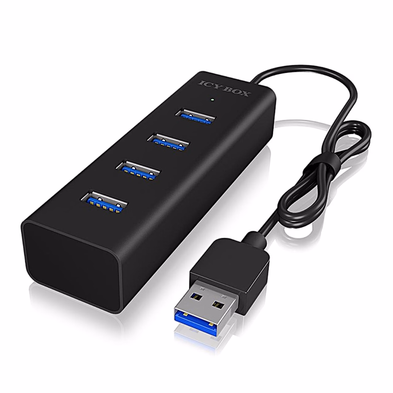 USB-jagaja ICY BOX IB-HUB1409-U3 märgutuli ja logo lähivaates