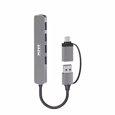 USB-jagaja PORT Connect 900161 püstiasendis, USB-A-pistik ja USB-C-adapter kaabli küljes