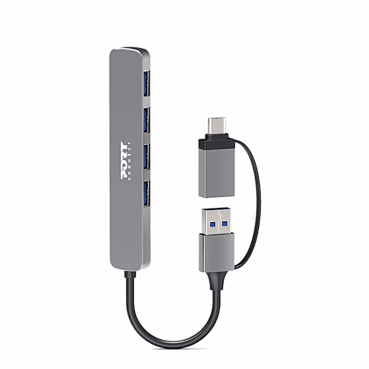 USB-jagaja PORT Connect 900161 püstiasendis, USB-A-pistik ja USB-C-adapter kaabli küljes