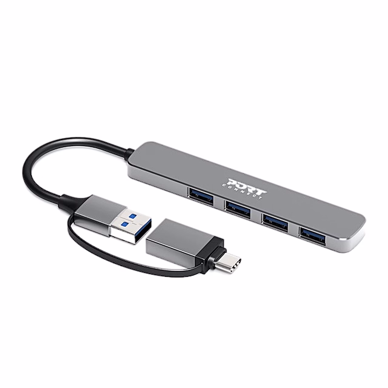 PORT Connect 900161 alumiiniumkorpus nelja USB-A 3.0 pordiga külgvaates