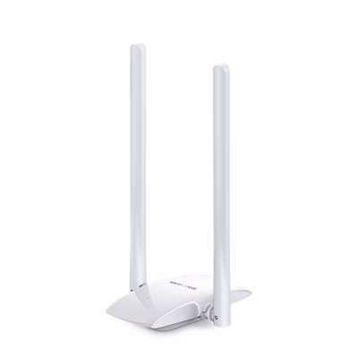 WiFi-adapter Mercusys MW300UH valges korpuses kahe püstise antenniga eestvaates