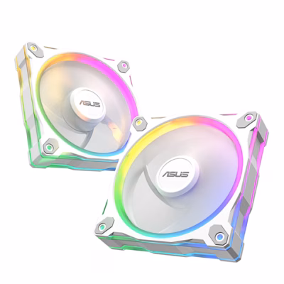 Kaks valget ASUS Prime MR120 Reverse ventilaatorit põleva ARGB-valgusrõngaga