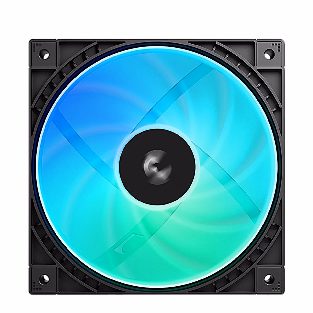 DeepCool FD12 ARGB V2 eestvaade sinakasrohelise valgusrõngaga
