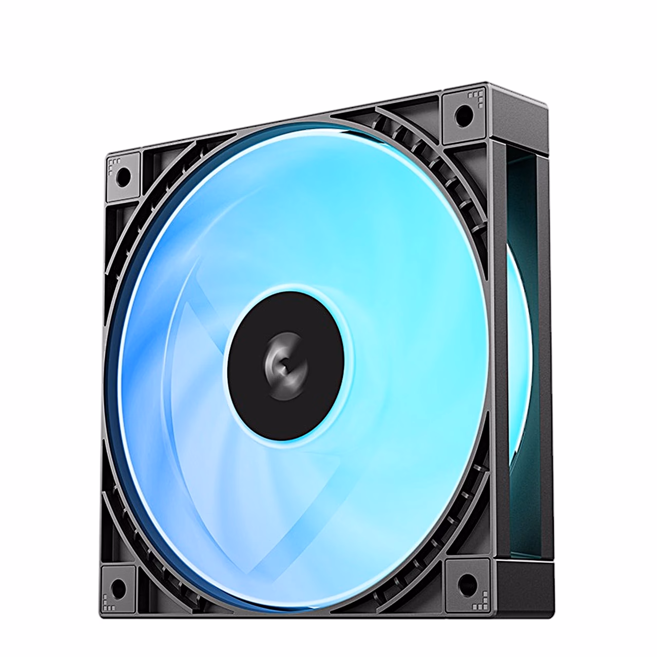 Must ARGB-arvutiventilaator DeepCool FD12R ARGB V2 sinise valgusega küljelt vaadates