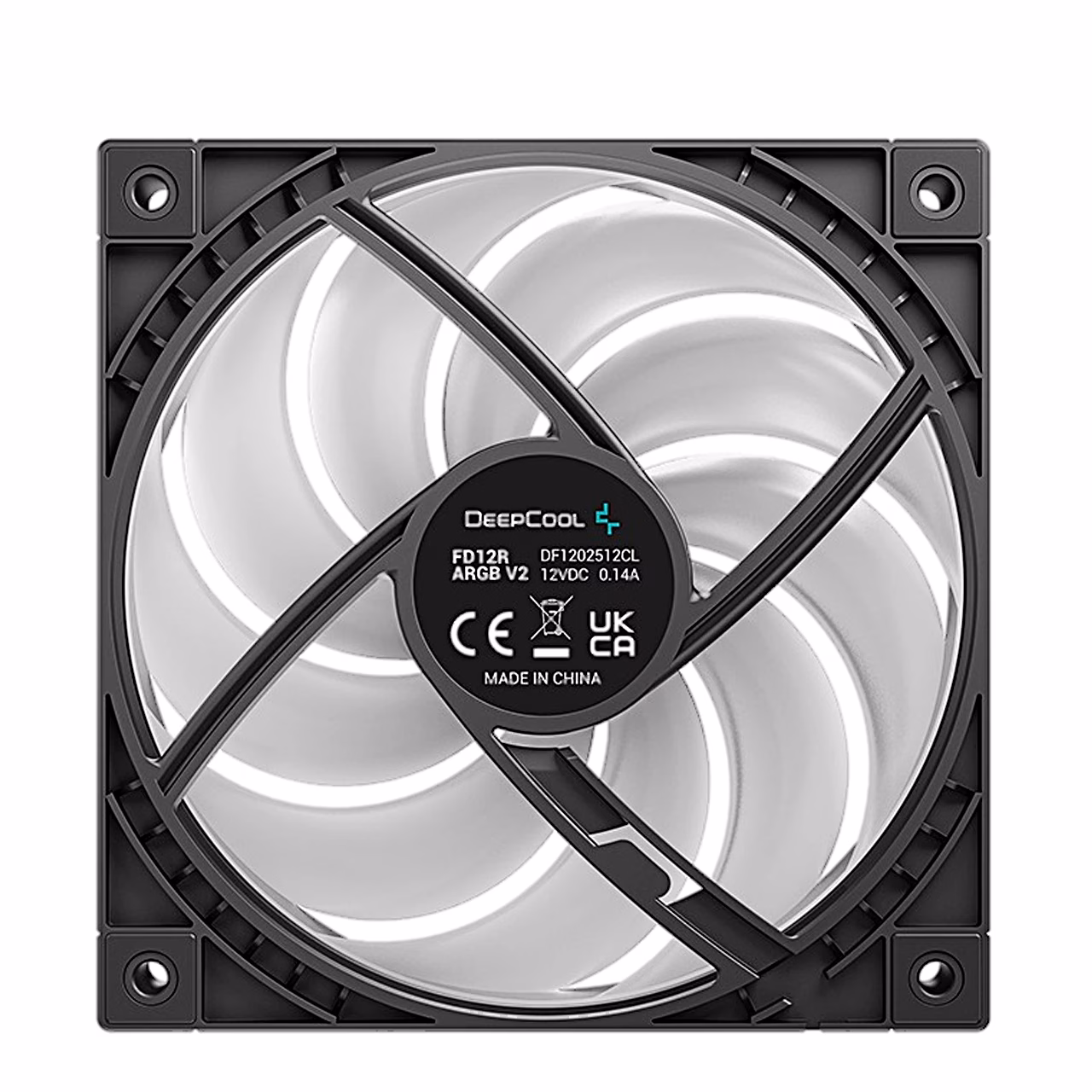 DeepCool FD12R ARGB V2 tagant, keskel tootja kleebis ja raami toed