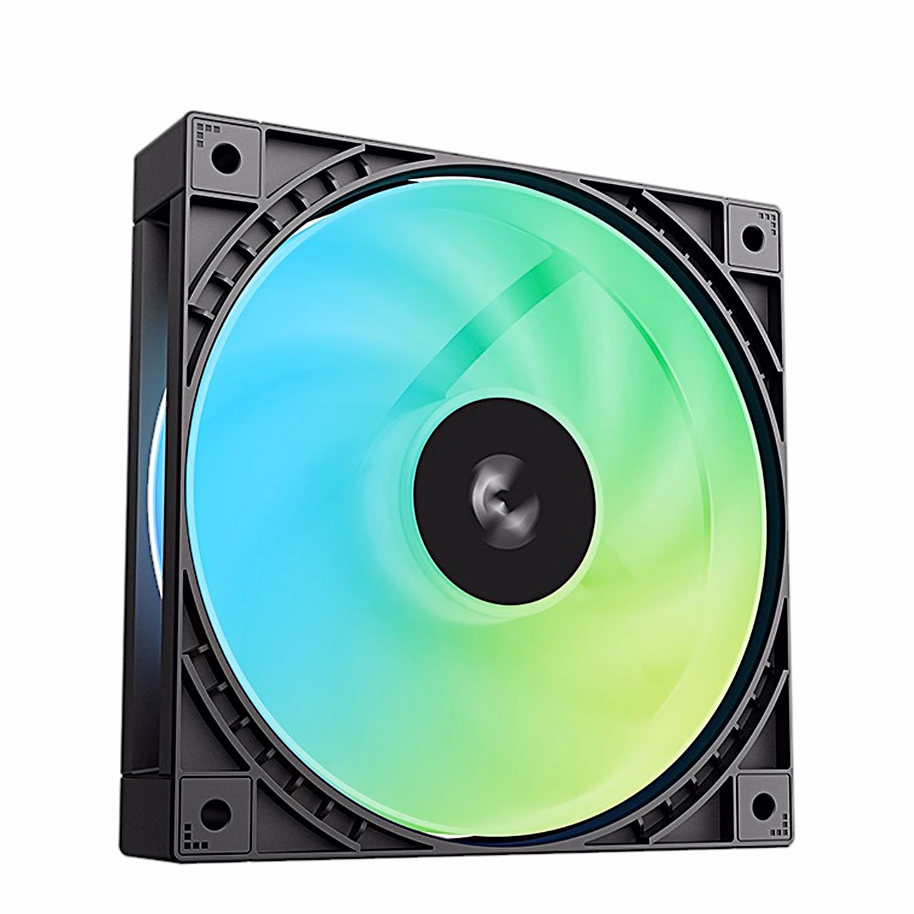 PC ventilaator DeepCool FD12R ARGB V2 rohelise ja sinise valgusega nurga alt