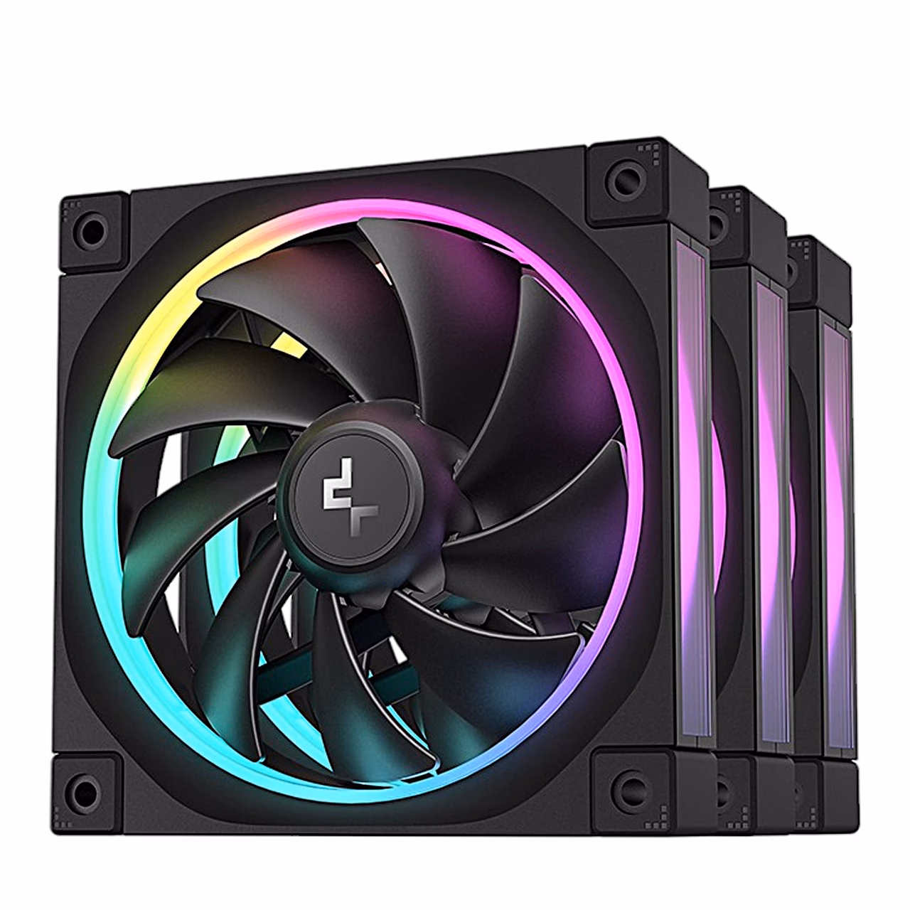 Kolm musta ARGB-arvutiventilaatorit DeepCool FL12 üksteise taga helendava rõngaga