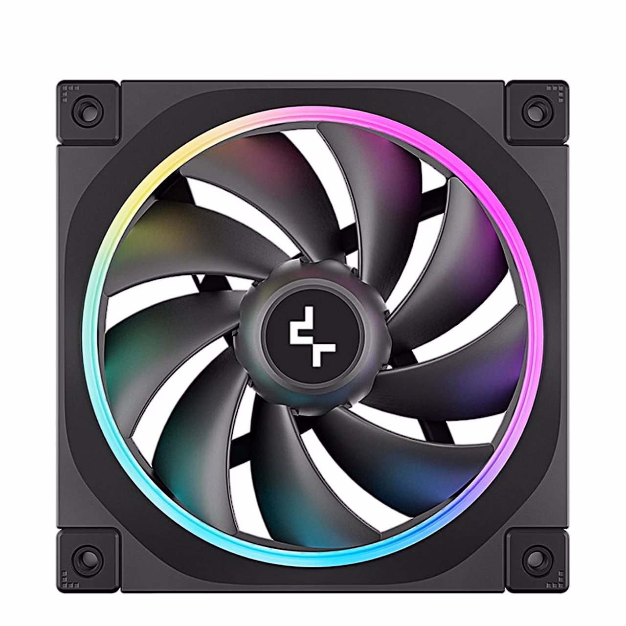 DeepCool FL12 eestvaates, mustad labad ja ARGB-rõngas ümber tiiviku