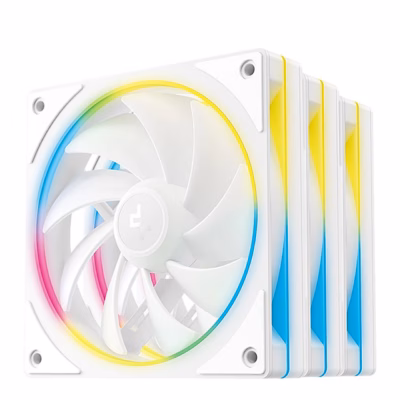 Kolm valget ARGB-arvutiventilaatorit DeepCool FL12 SE WH üksteise taga
