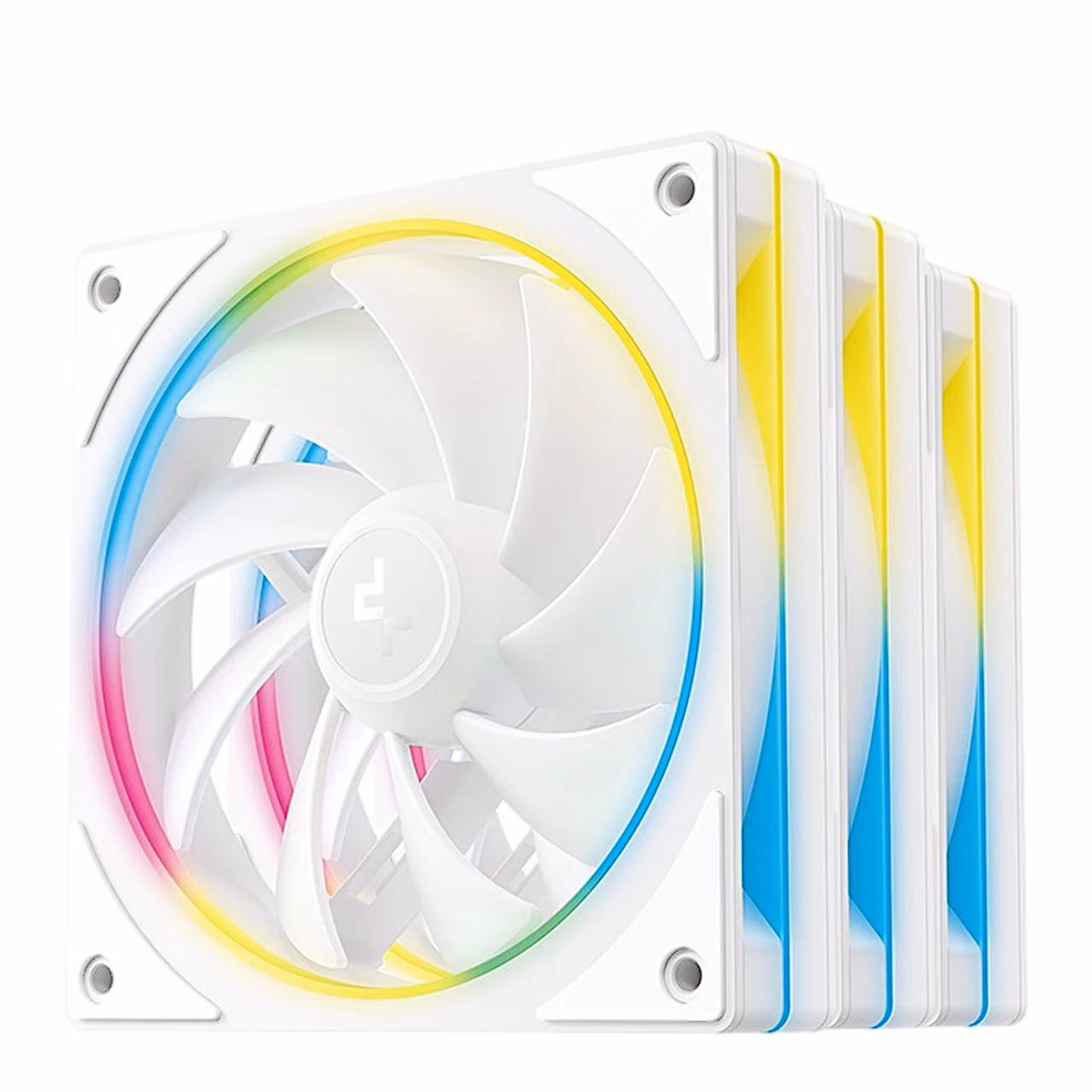 Kolm valget ARGB-arvutiventilaatorit DeepCool FL12 SE WH üksteise taga