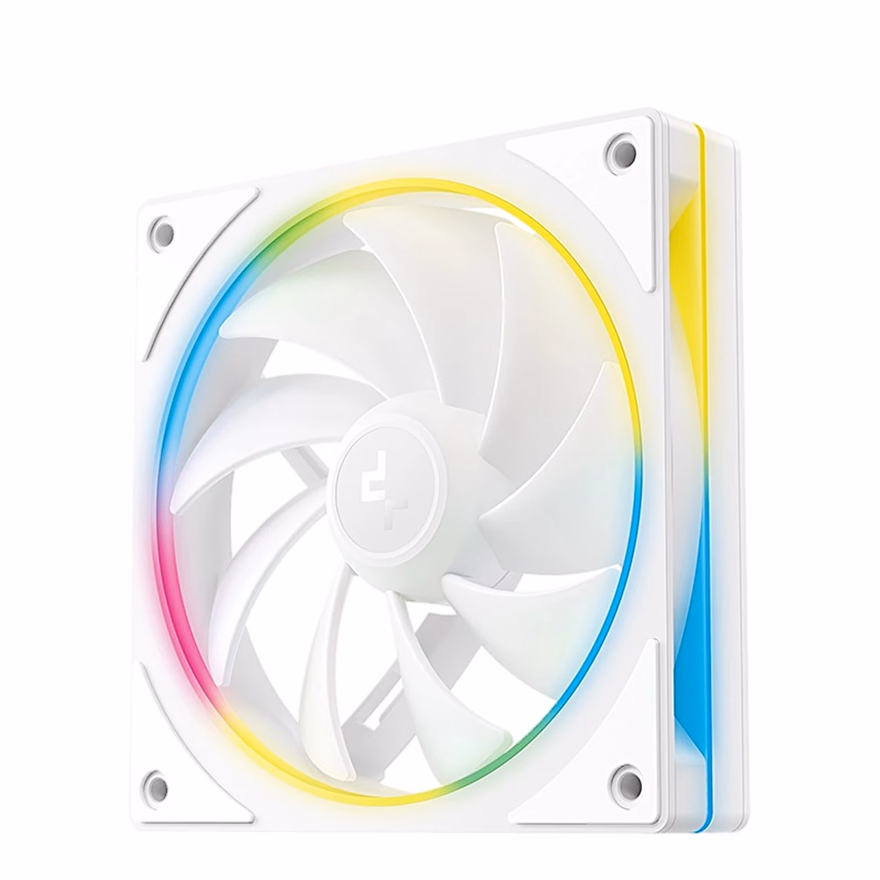 Valge ventilaator DeepCool FL12 SE WH värvilise valgusrõngaga nurga alt