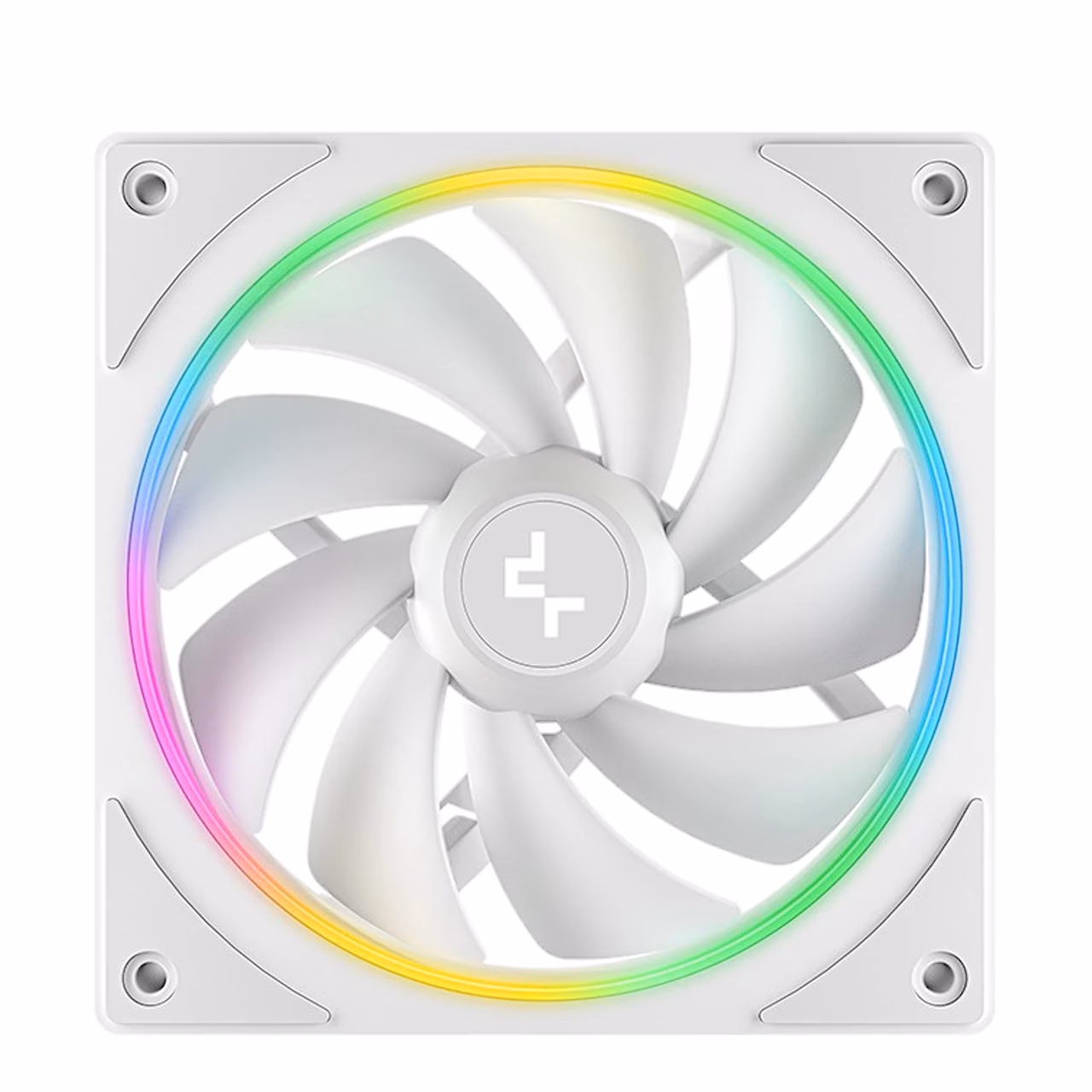 Valge DeepCool FL12 SE WH esikülg otse eest koos ARGB-rõngaga