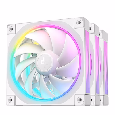 Kolm valget ARGB-arvutiventilaatorit DeepCool FL12 WH üksteise taga