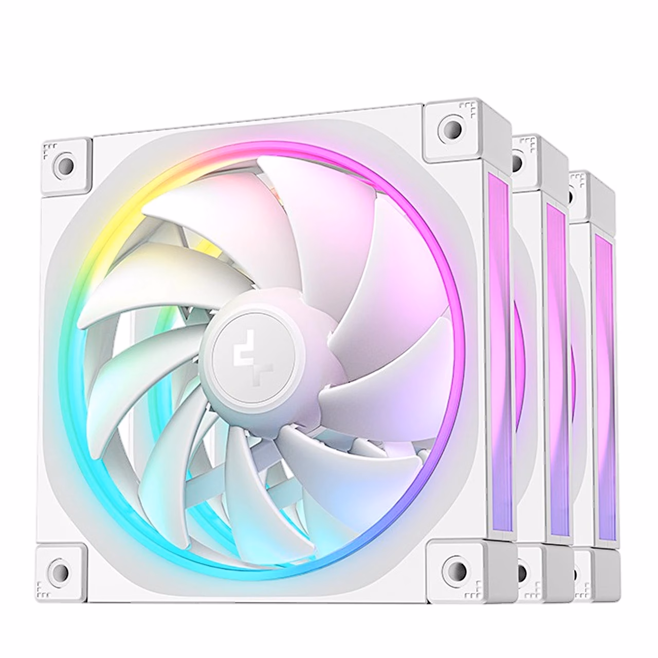 Kolm valget ARGB-arvutiventilaatorit DeepCool FL12 WH üksteise taga