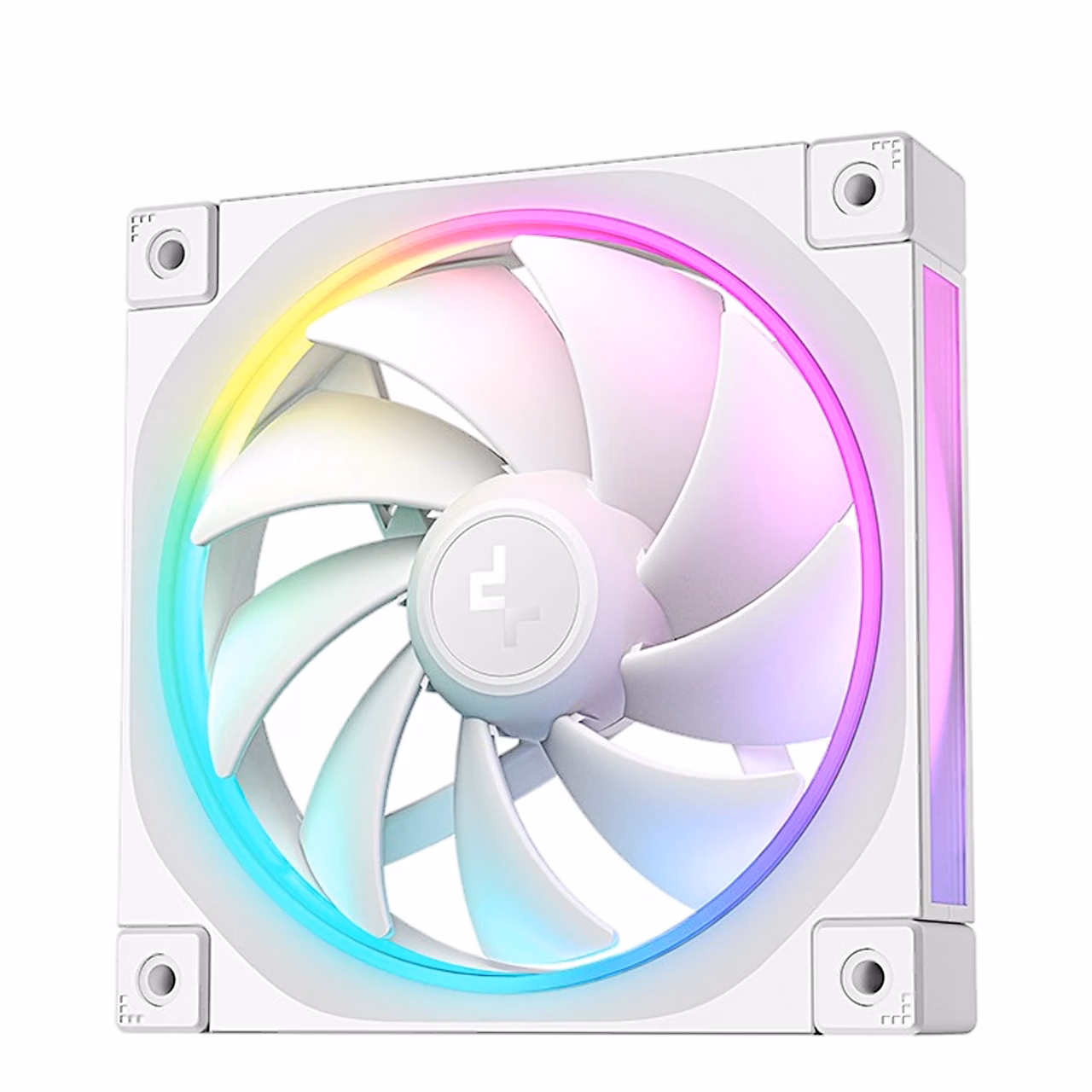 Valge ventilaator DeepCool FL12 WH värvilise valgusrõngaga nurga alt