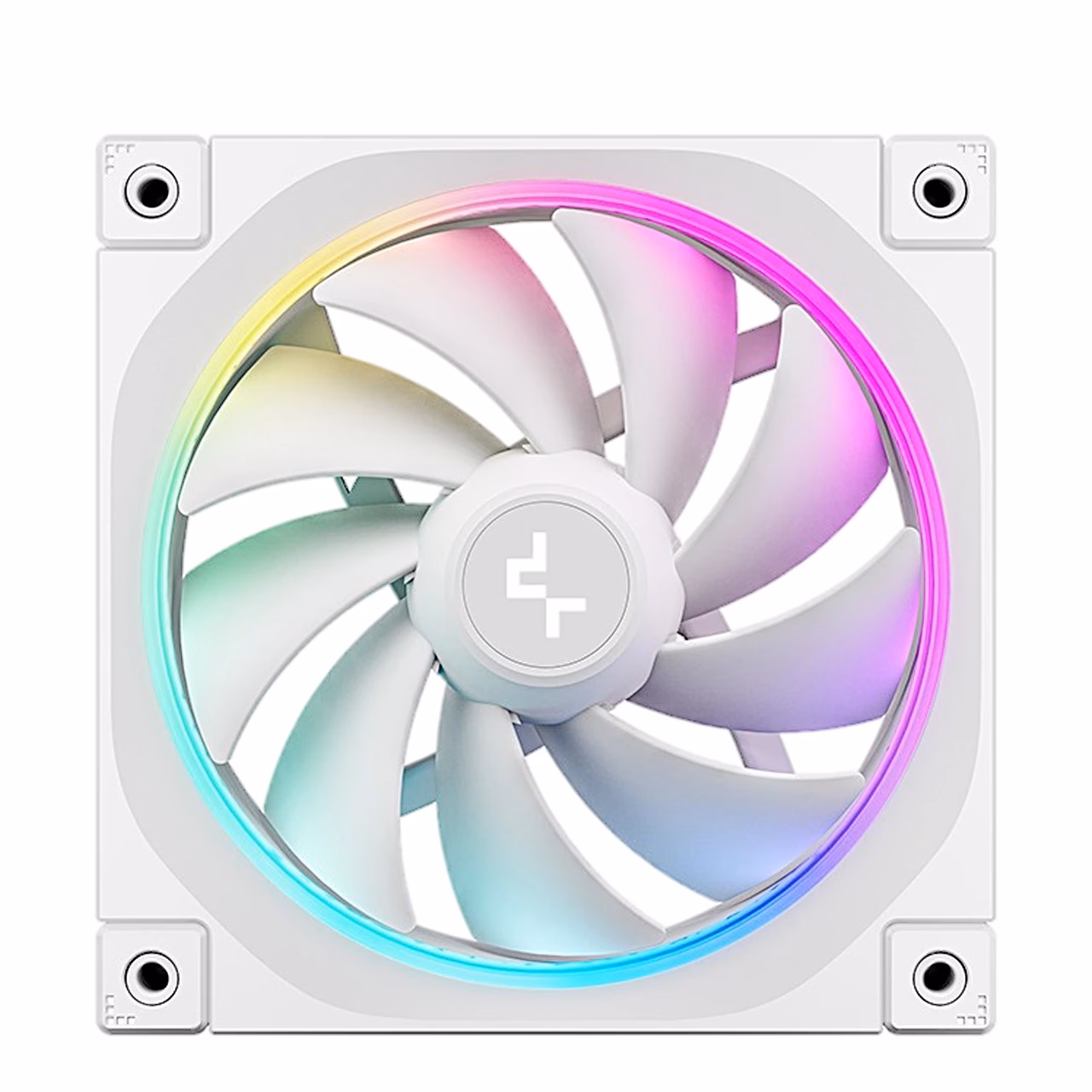 Valge DeepCool FL12 WH esikülg otse eest koos ARGB-rõngaga