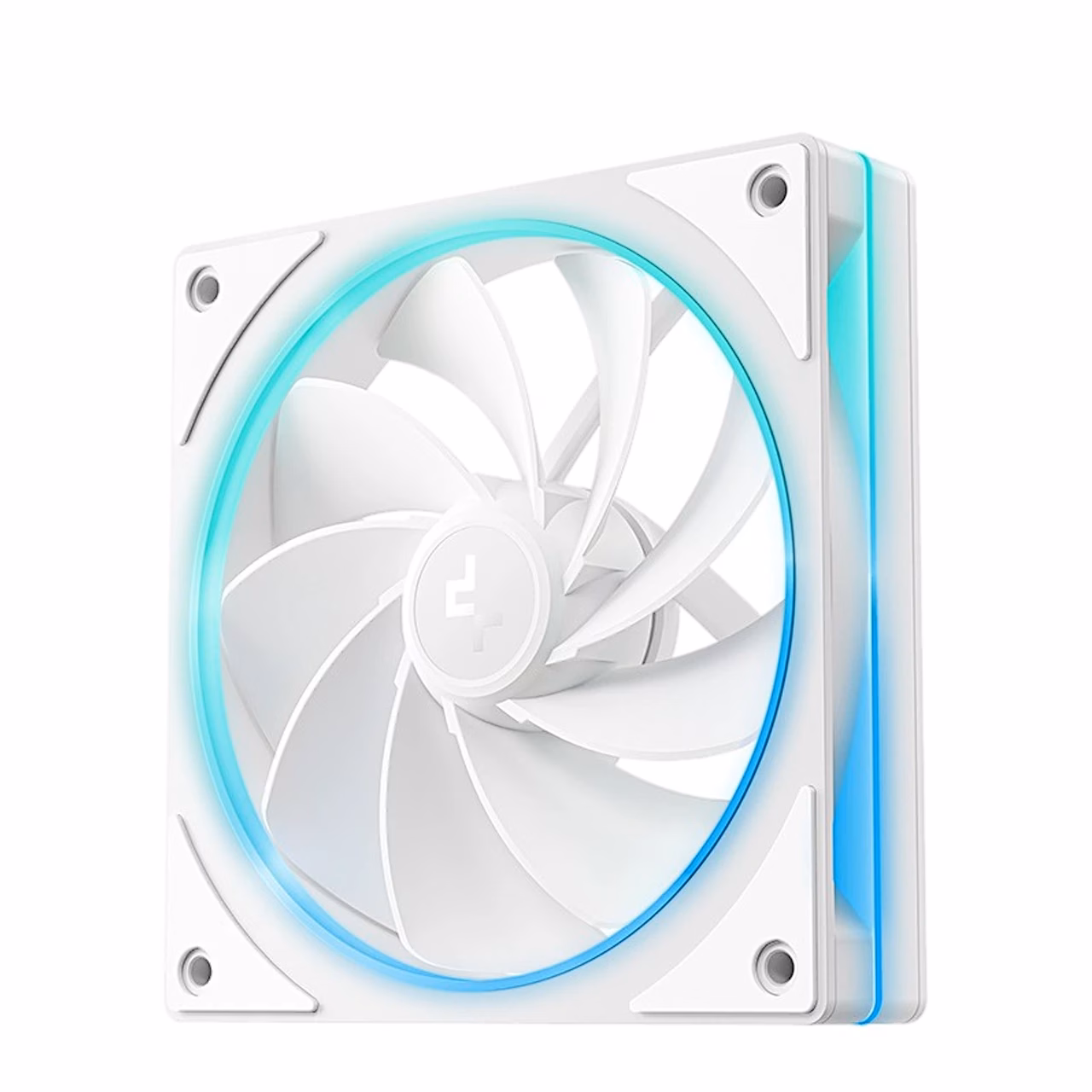 Kaks valget DeepCool FL12R SE WH ventilaatorit nurga alt, helesinine valgusrõngas