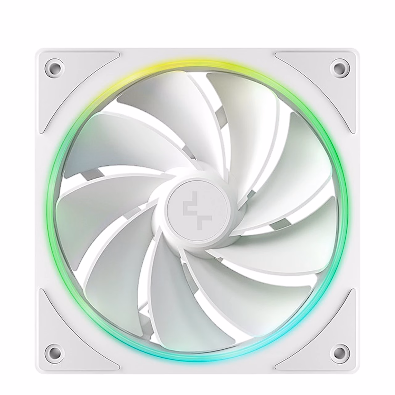 DeepCool FL12R SE WH ventilaator eestvaates, kollakasroheline valgusrõngas ja valged labad