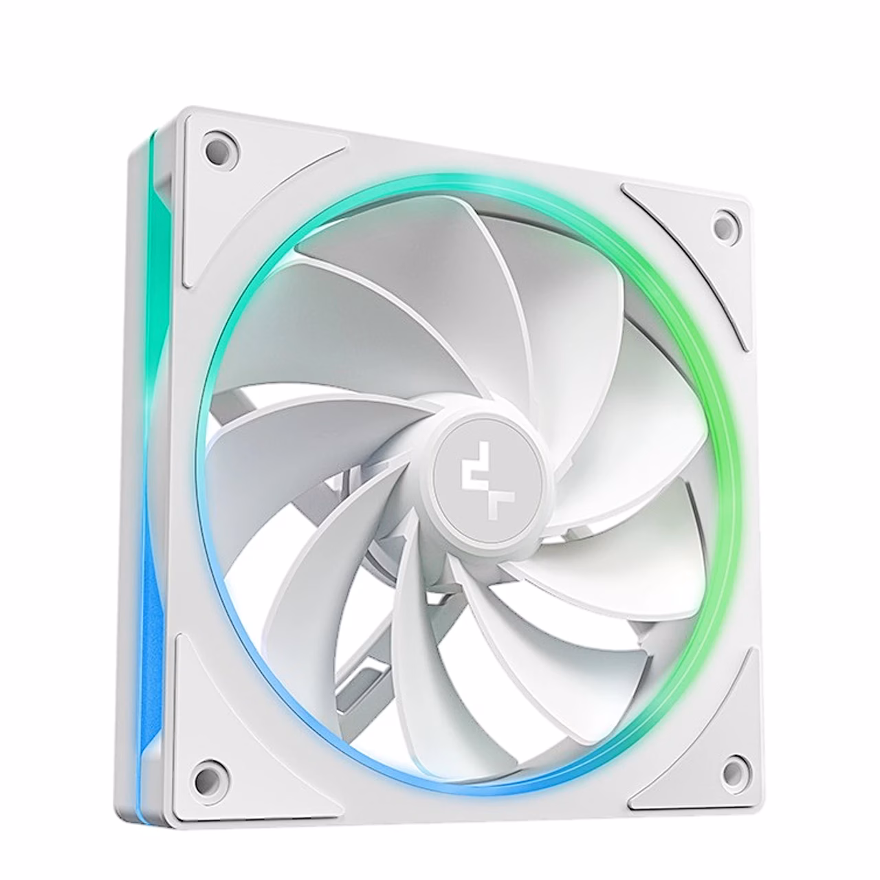Arvuti jahutusventilaator DeepCool FL12R SE WH küljelt, roheline ja sinine valgus