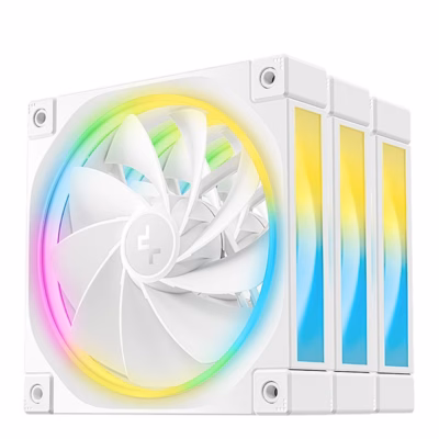 Kolm valget ARGB-arvutiventilaatorit DeepCool FL12R WH üksteise taga