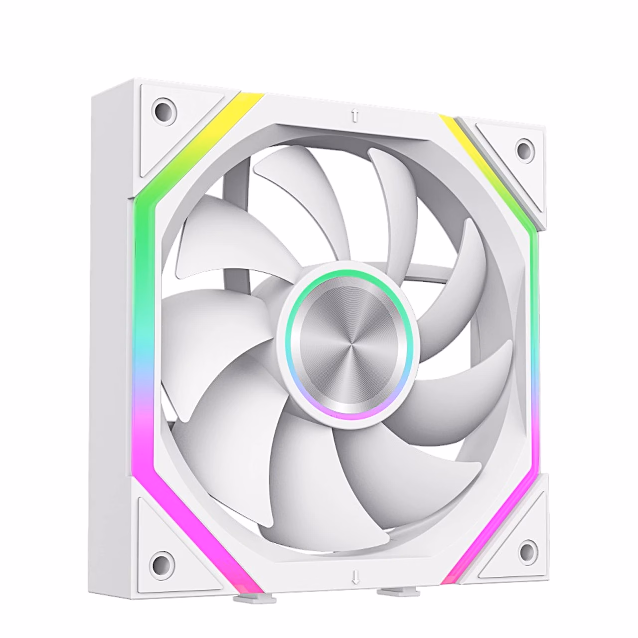 Valge Gamemax FN12A-N2 WL-W ventilaator kaldu eestvaates, ARGB-rõngas ja rummu valgus