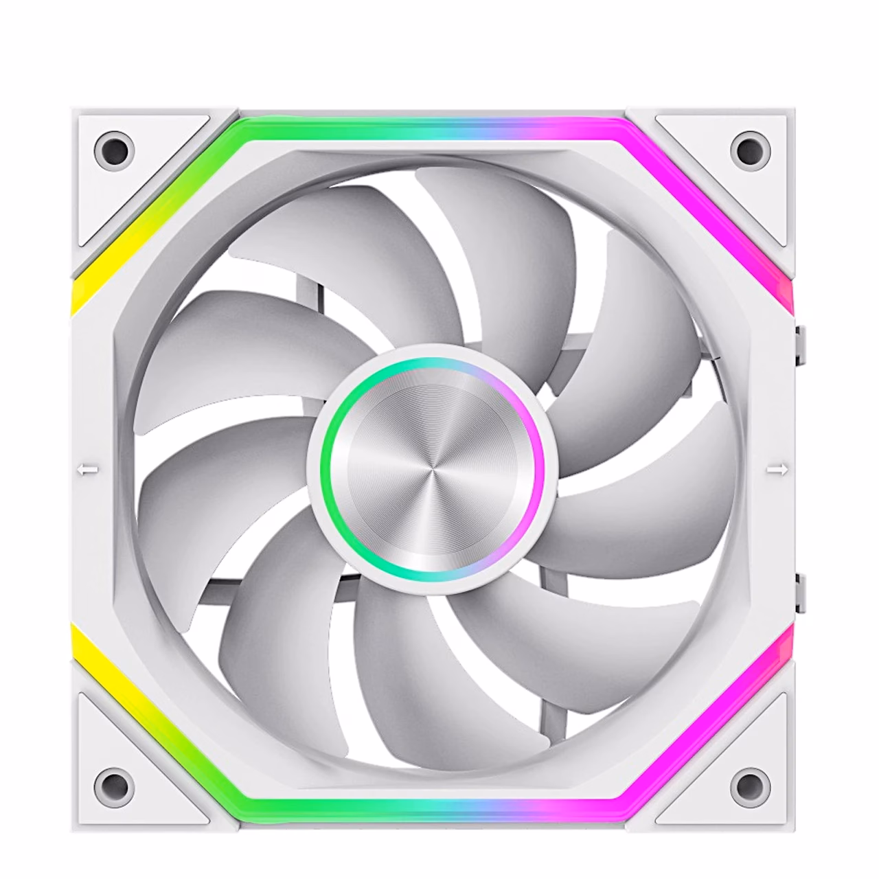 Valge Gamemax FN12A-N2 ARGB-ventilaator otse eestvaates värvilise valgusega