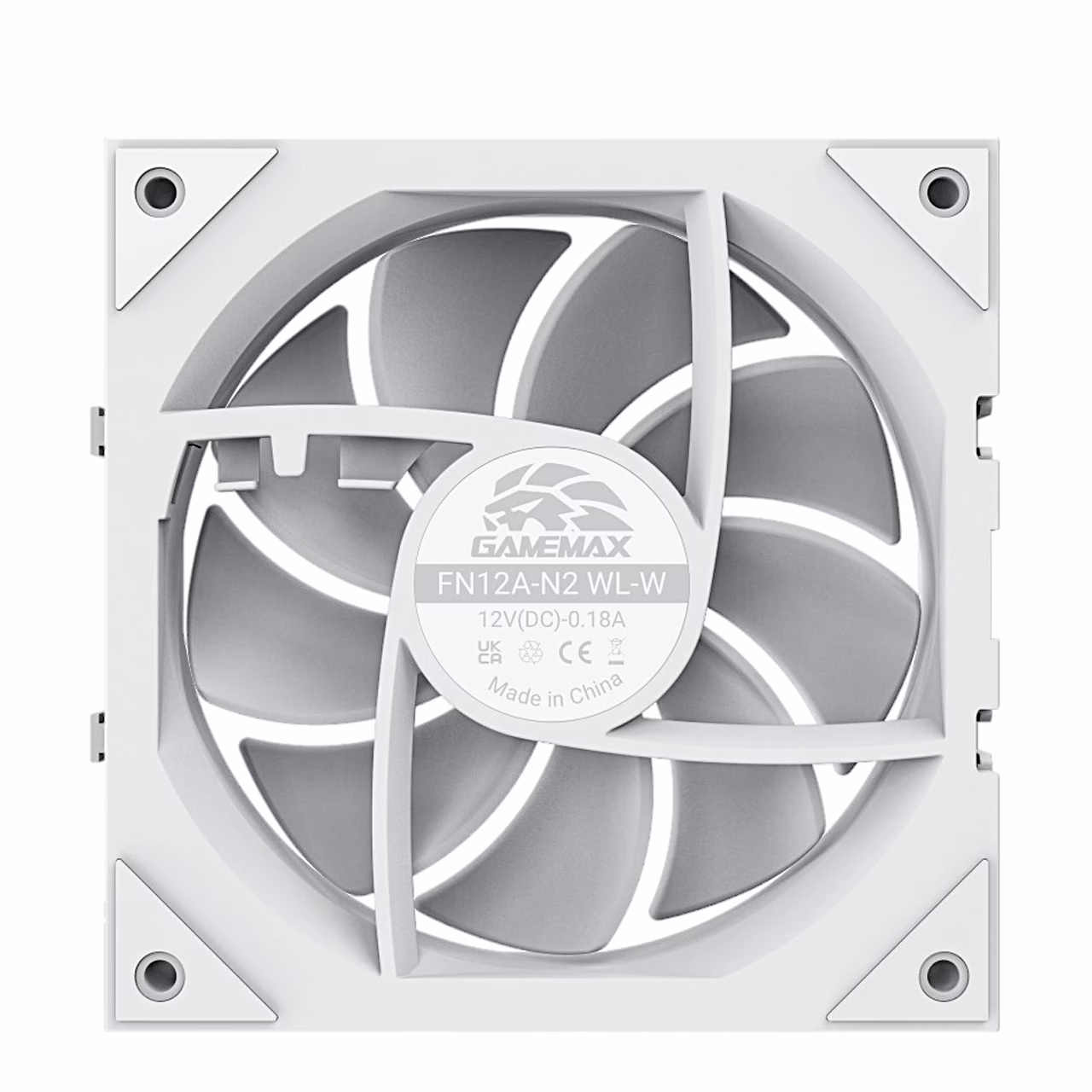 Gamemax FN12A-N2 WL-W ventilaatori tagakülg mudelikleebise ja raami tugedega