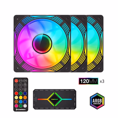 Kolm ARGB-arvutiventilaatorit GameMax KF300 koos jaoturi ja raadiopuldiga