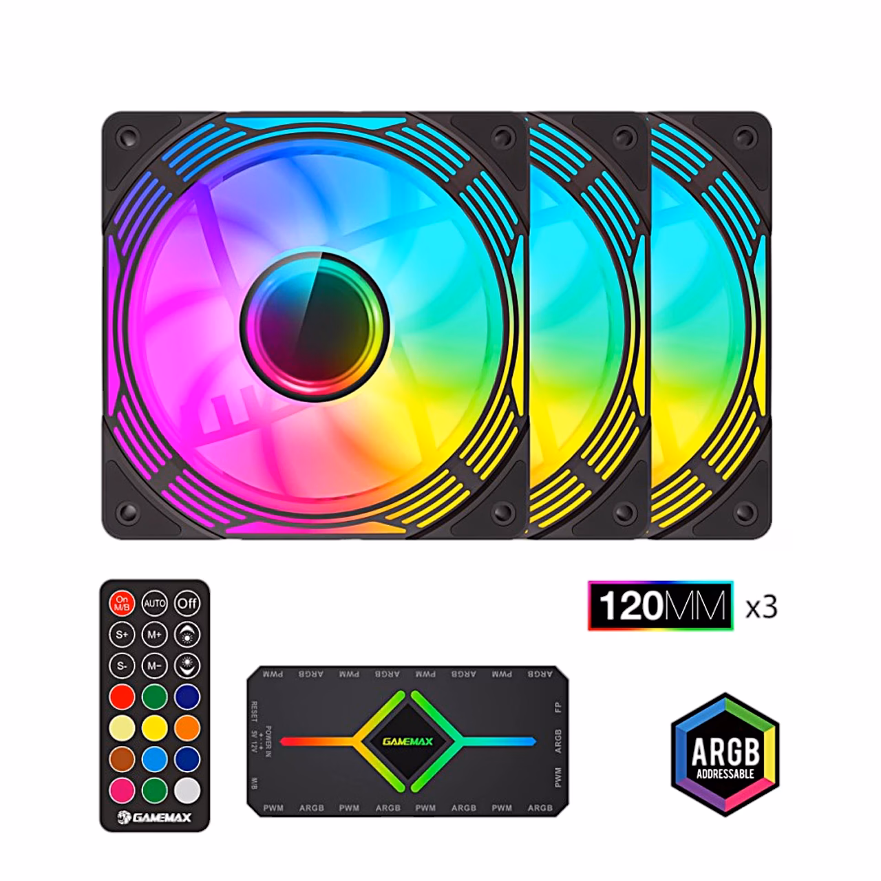 Kolm ARGB-arvutiventilaatorit GameMax KF300 koos jaoturi ja raadiopuldiga
