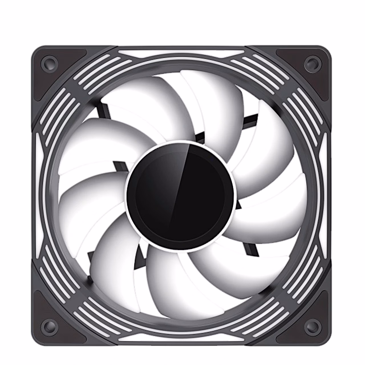 GameMax KF300 ventilaator eestvaates kustunud valgusega, nähtavad valged labad