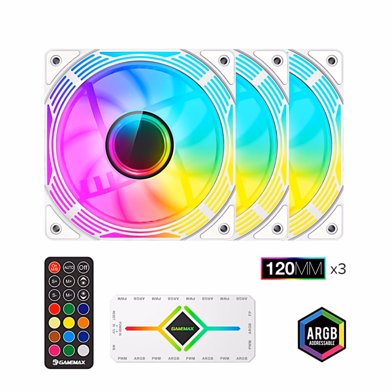 Kolm valget Gamemax KF300 WH ARGB-ventilaatorit koos raadiopuldi ja kontrolleriga