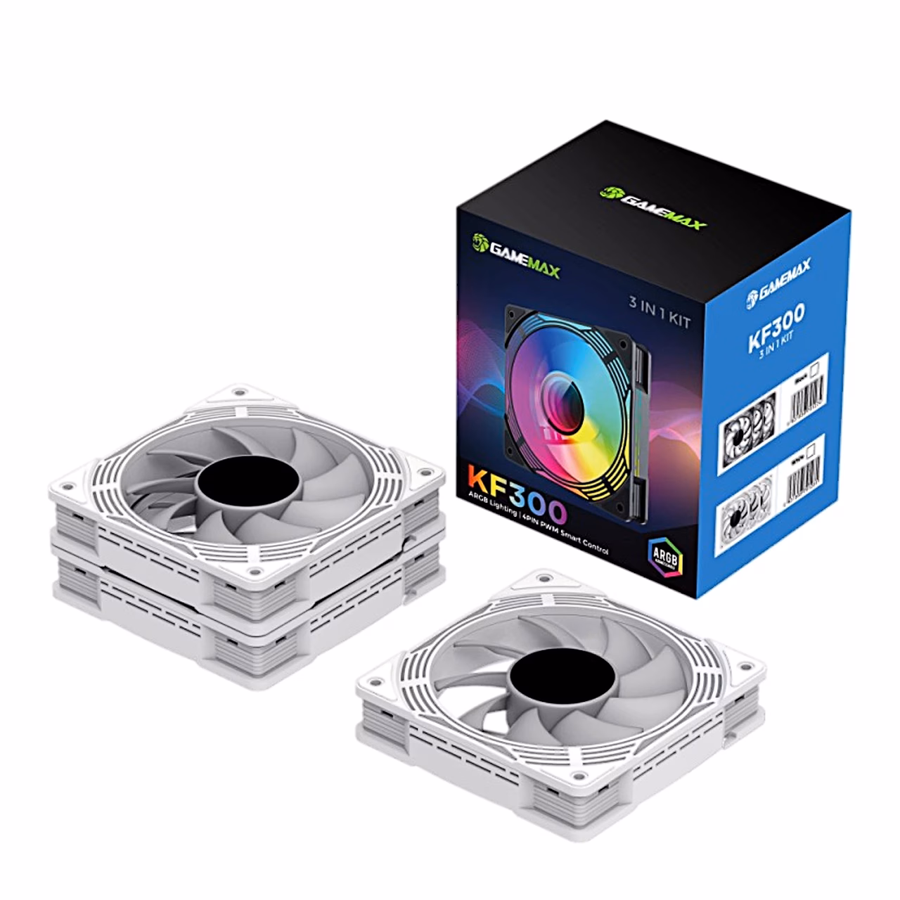 Gamemax KF300 WH kolm valget ventilaatorit ja komplekti pakend