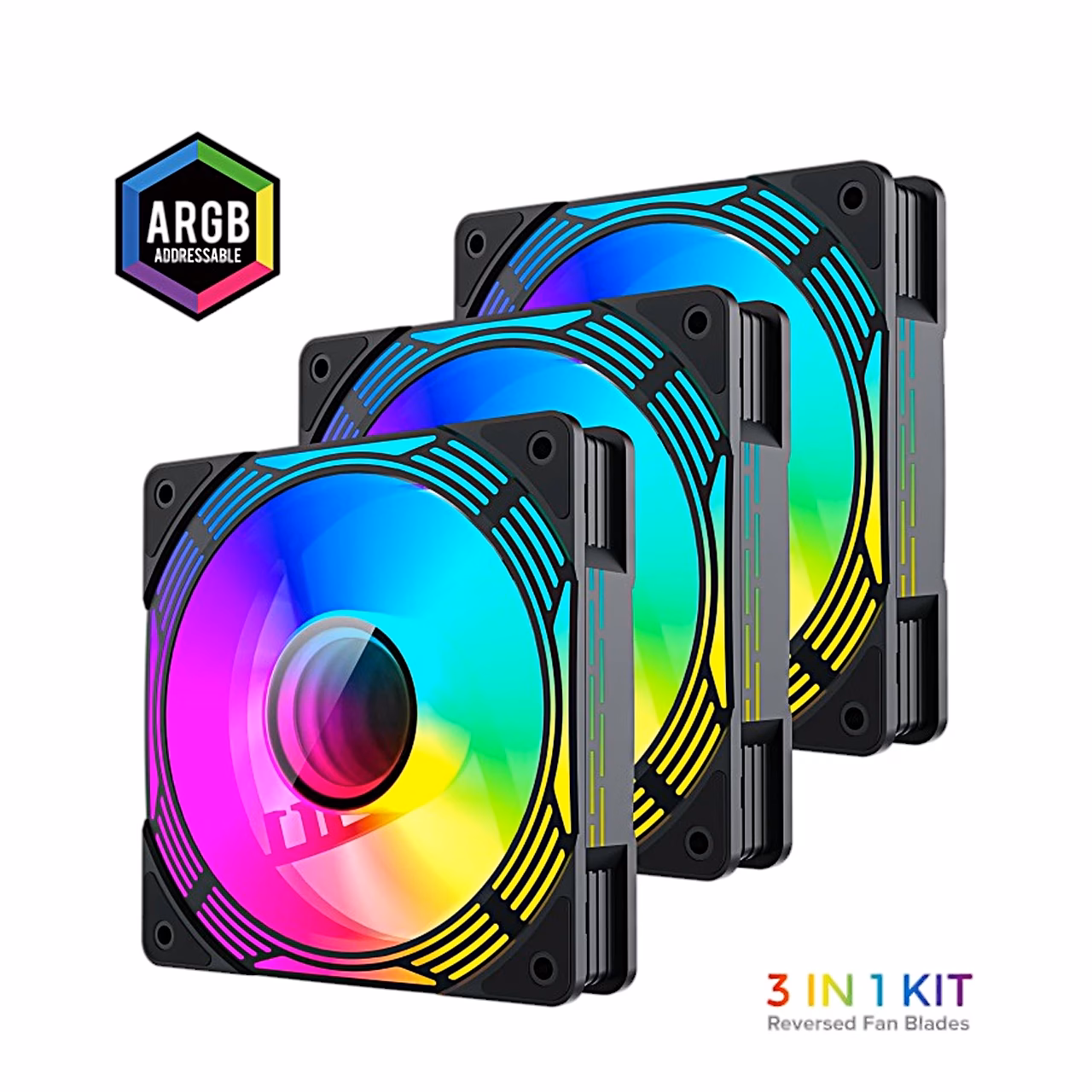 Kolm ARGB-arvutiventilaatorit GameMax KF300R pööratud labadega, komplekt
