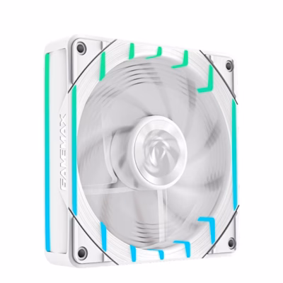 Valge ARGB-arvutiventilaator Gamemax Tornado T12 ARGB-RW eestvaates roheliste ja siniste valgusribadega