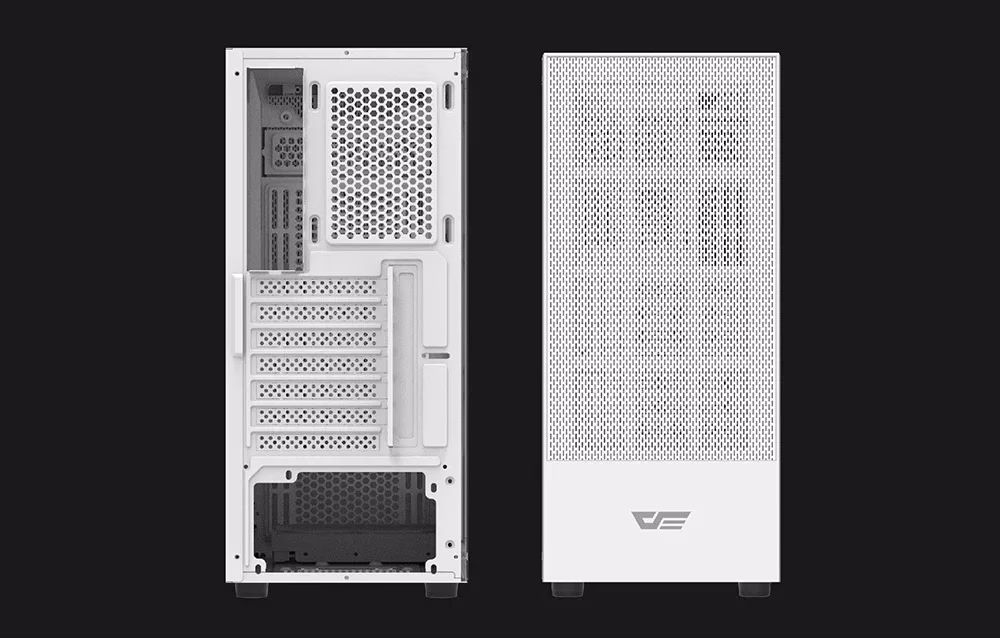 Arvutikorpuse darkFlash A290 tagakülg seitsme laienduspesaga ja perforeeritud esipaneel